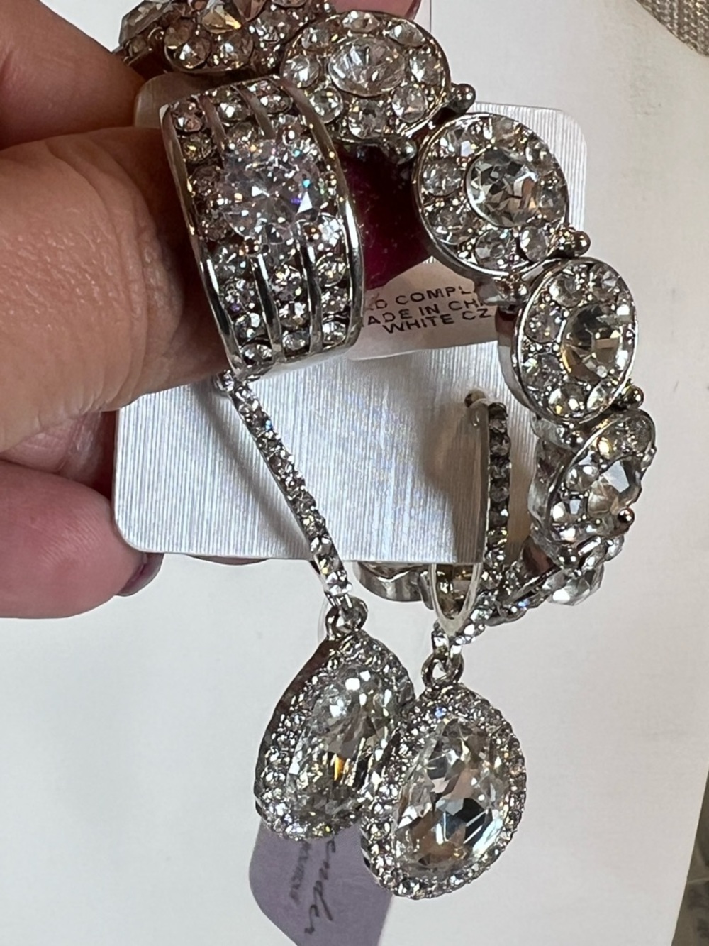 Bundle Crystal Drop Earrings and Bracelet Set - White/Silver